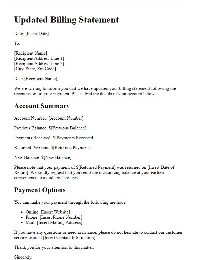 Letter template of updated billing statement following payment return