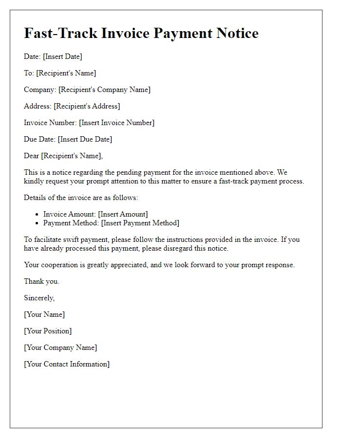 Letter template of Fast-Track Invoice Payment Notice