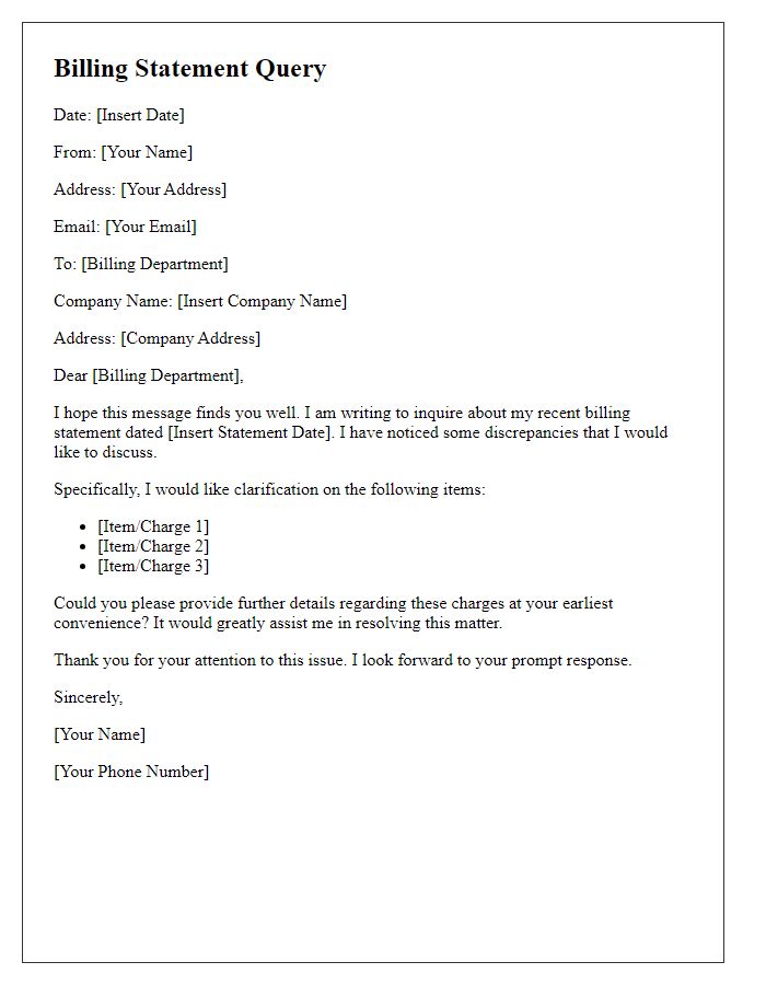 Letter template of billing statement query