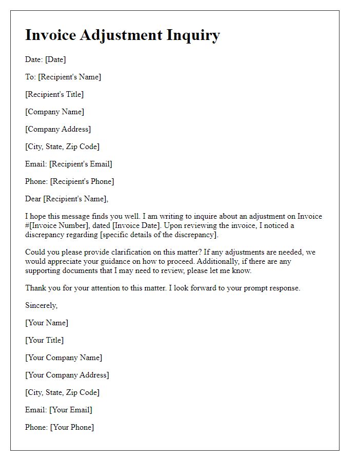 Letter template of invoice adjustment inquiry