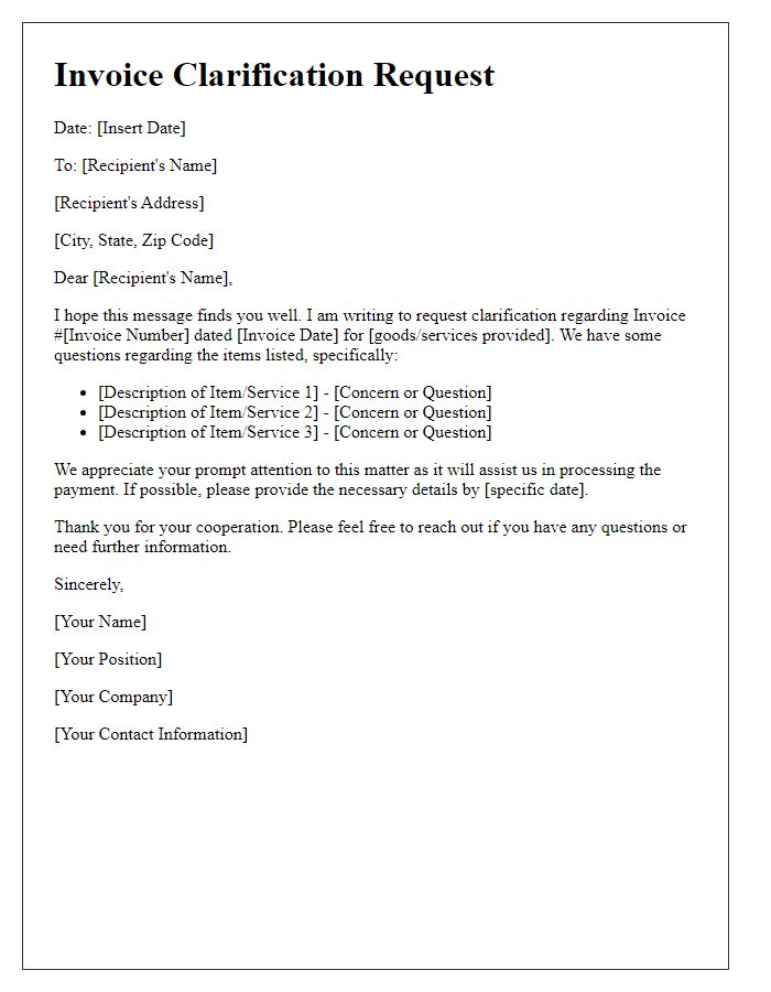 Letter template of invoice clarification correspondence