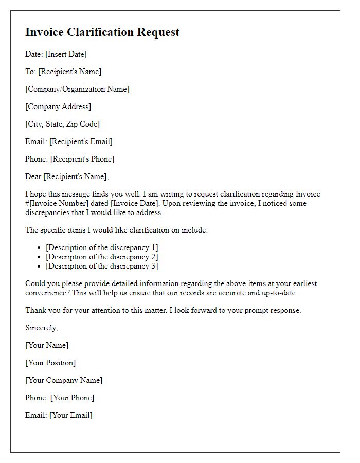 Letter template of invoice clarification request