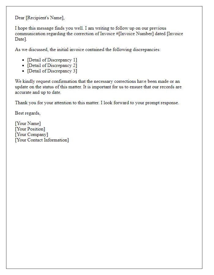 Letter template of invoice correction follow-up