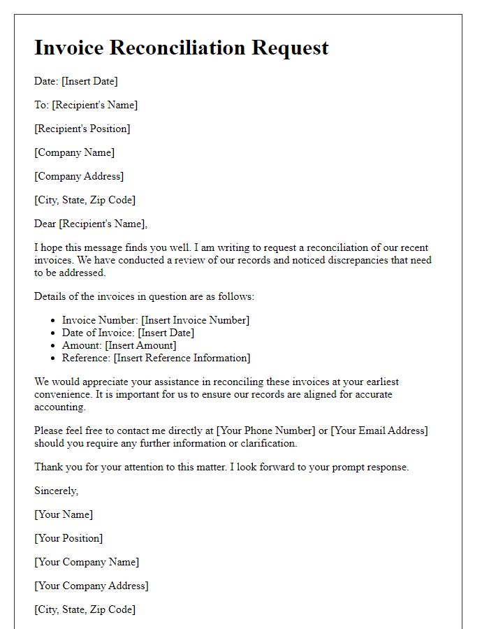 Letter template of invoice reconciliation request