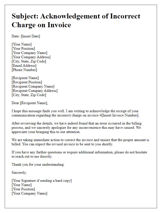 Letter template of acknowledgement for incorrect charge on invoice.