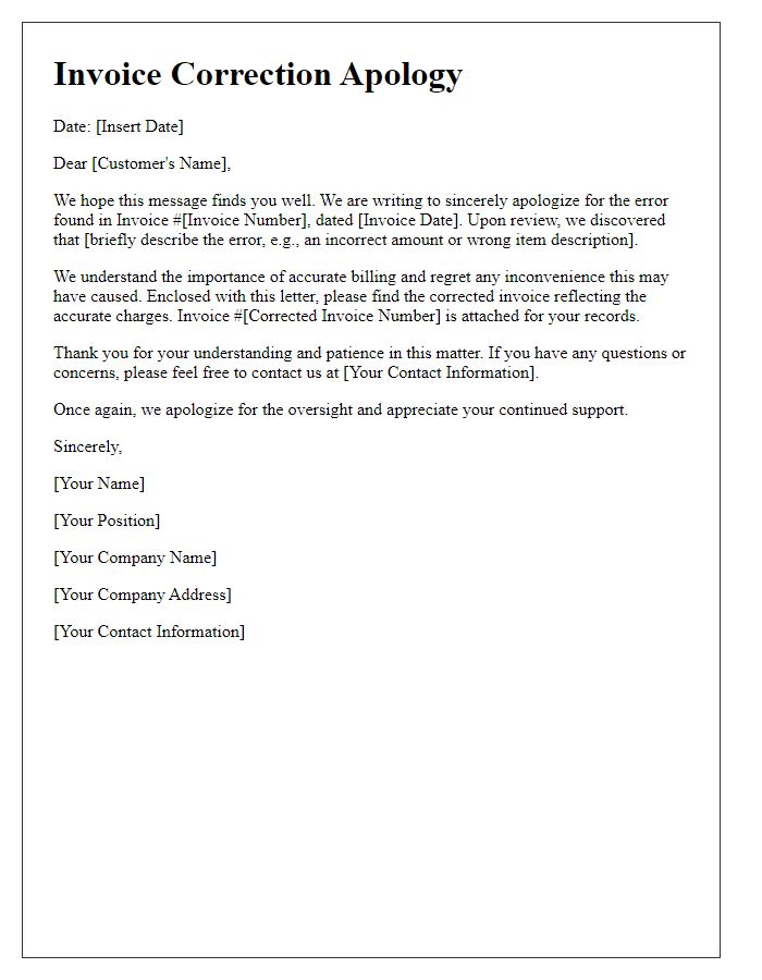 Letter template of billing invoice correction apology.