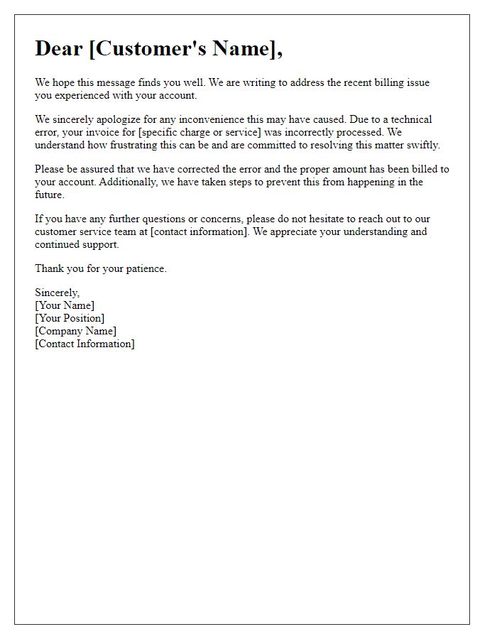 Letter template of billing issue apology communication.