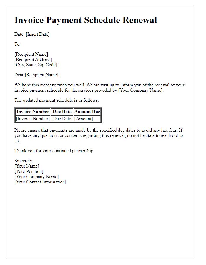 Letter template of Invoice Payment Schedule Renewal