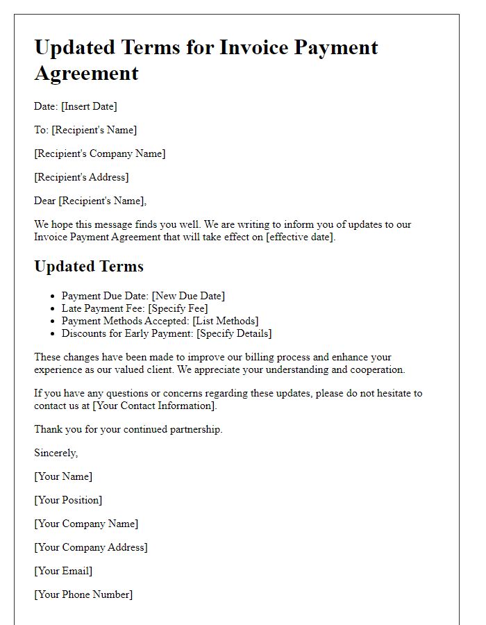 Letter template of Updated Terms for Invoice Payment Agreement