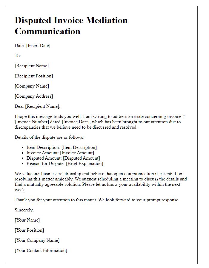 Letter template of disputed invoice mediation communication