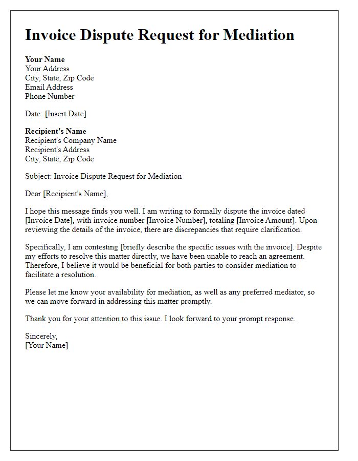 Letter template of invoice dispute request for mediation