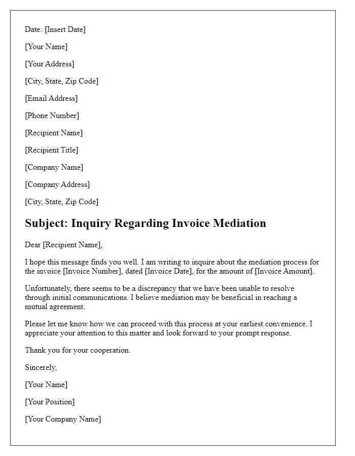 Letter template of invoice mediation inquiry