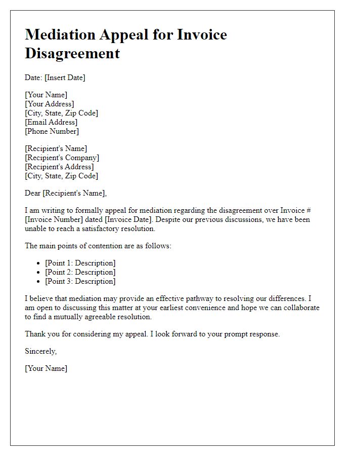 Letter template of mediation appeal for invoice disagreement