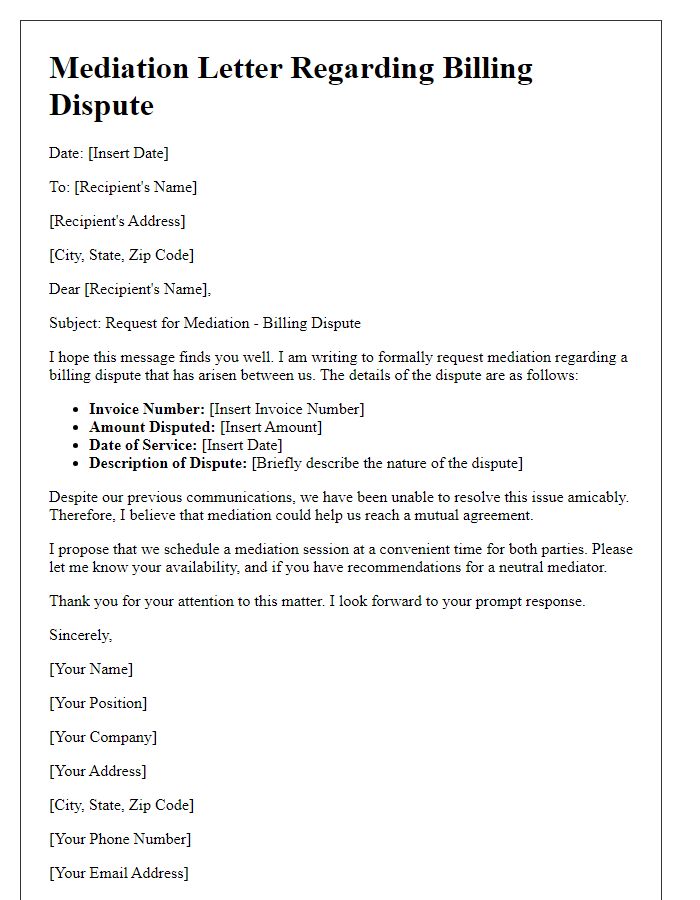 Letter template of mediation concerning billing dispute