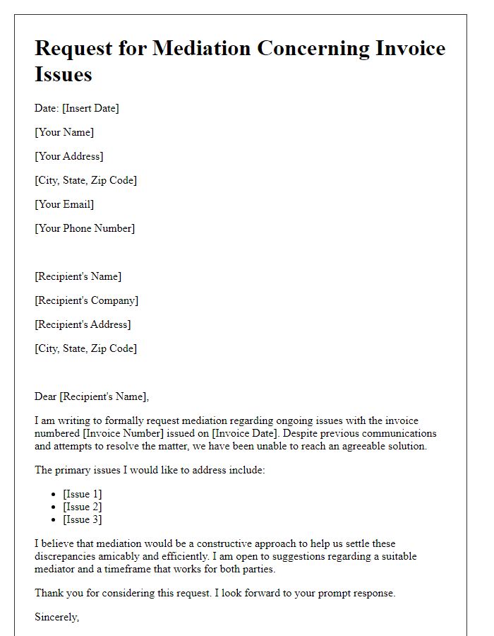 Letter template of request for mediation concerning invoice issues