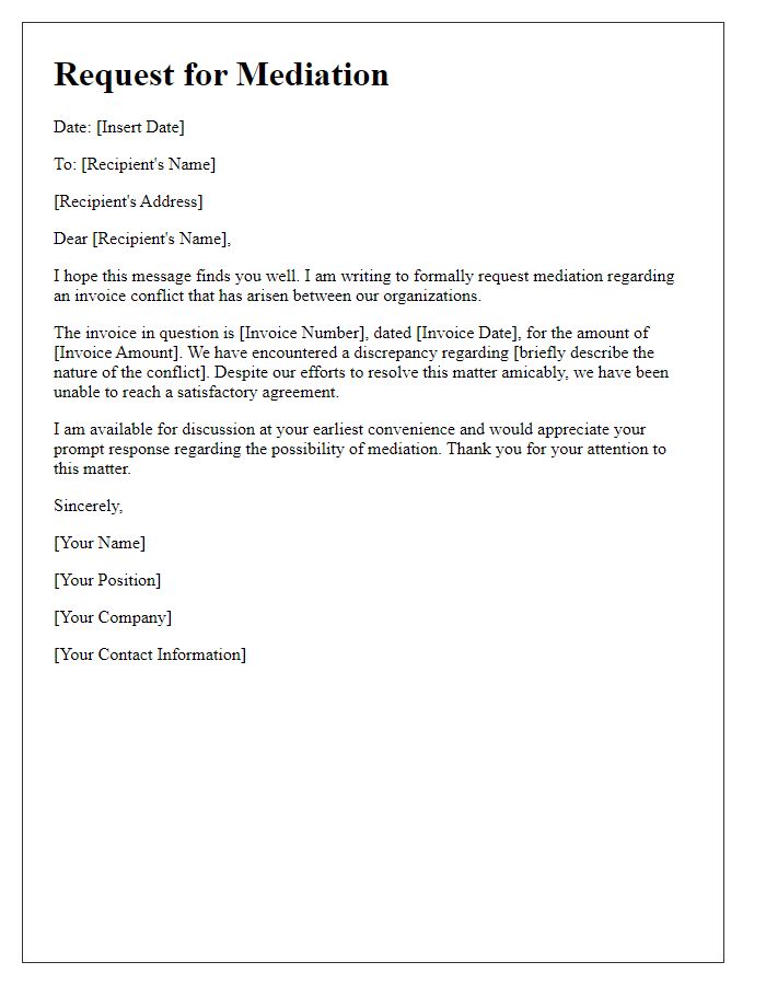 Letter template of request for mediation on invoice conflict