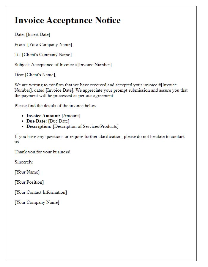 Letter template of invoice acceptance notice