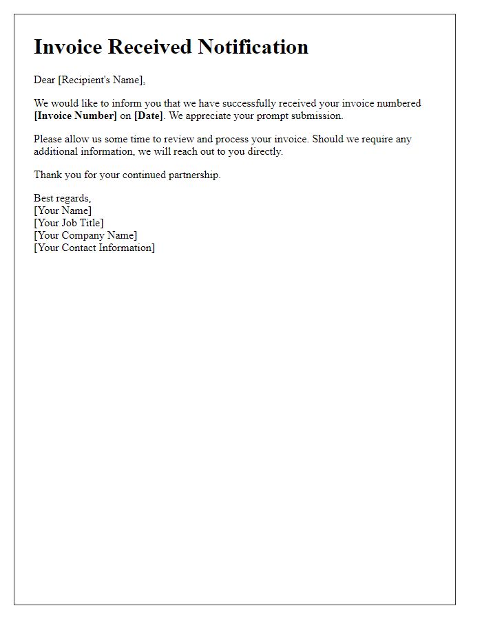 Letter template of invoice received notification