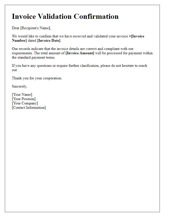 Letter template of invoice validation confirmation