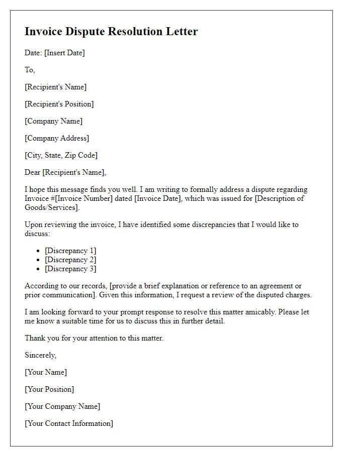 Letter template of invoice dispute resolution