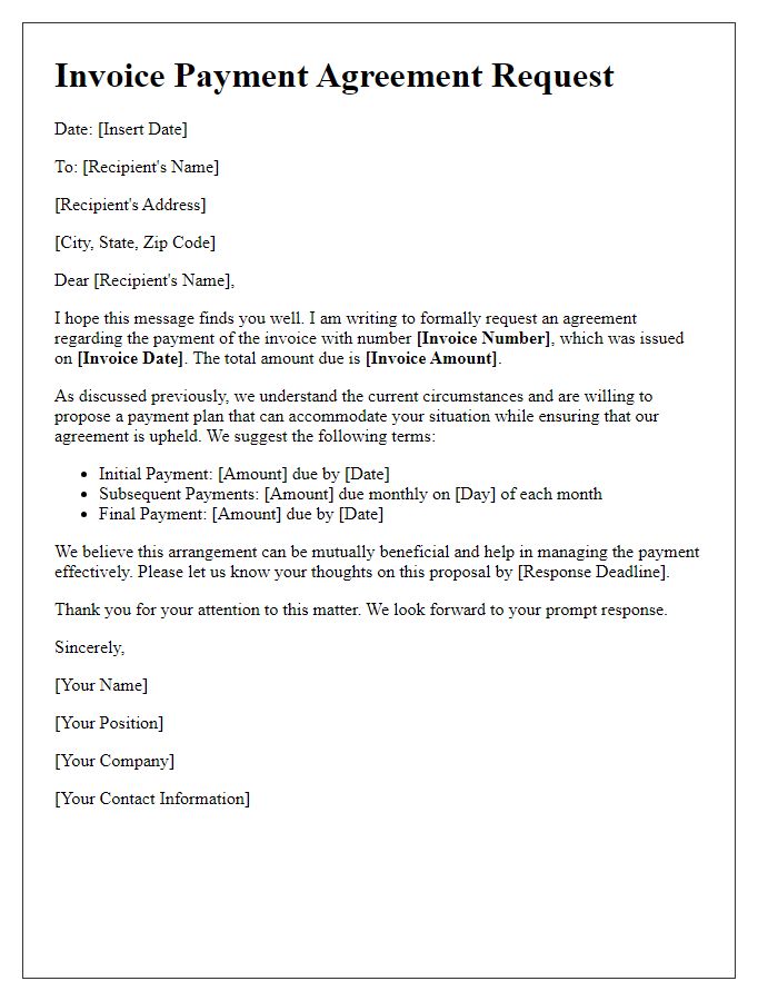 Letter template of invoice payment agreement request