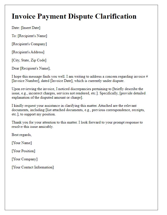 Letter template of invoice payment dispute clarification