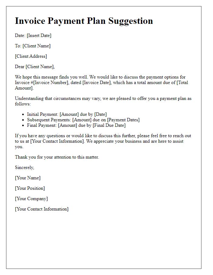 Letter template of invoice payment plan suggestion
