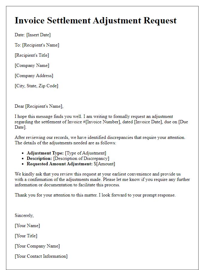 Letter template of invoice settlement adjustment request