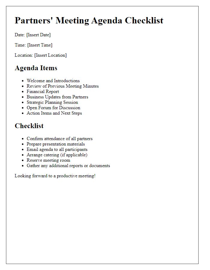 Letter template of agenda checklist for partners' meeting