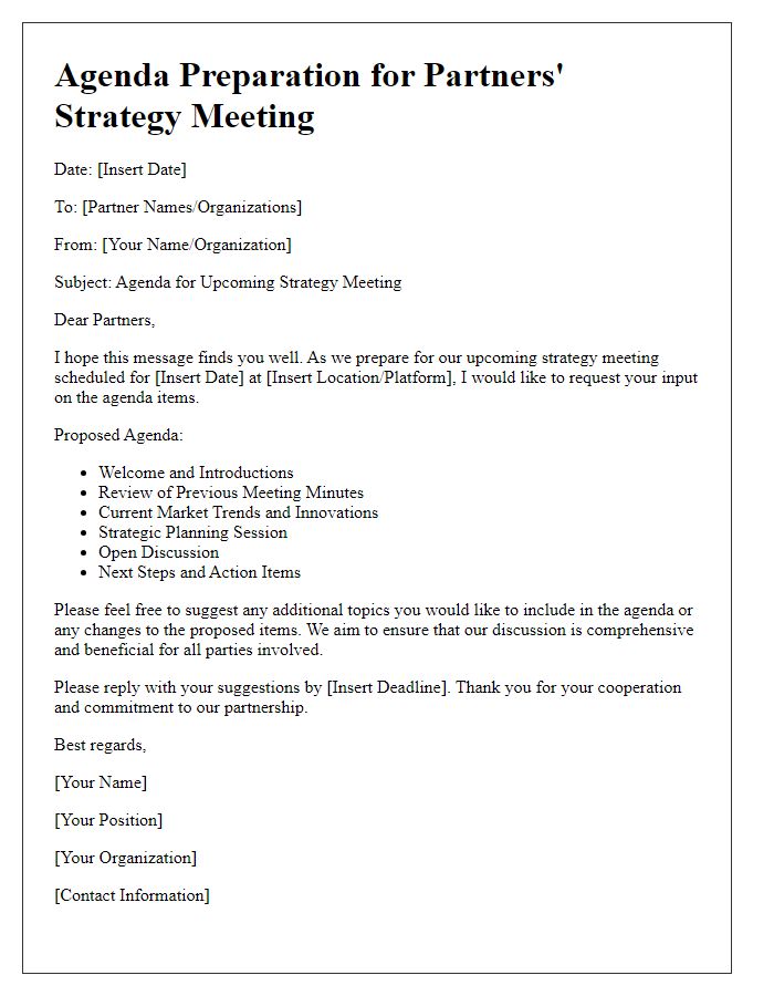 Letter template of agenda preparation for partners' strategy meeting