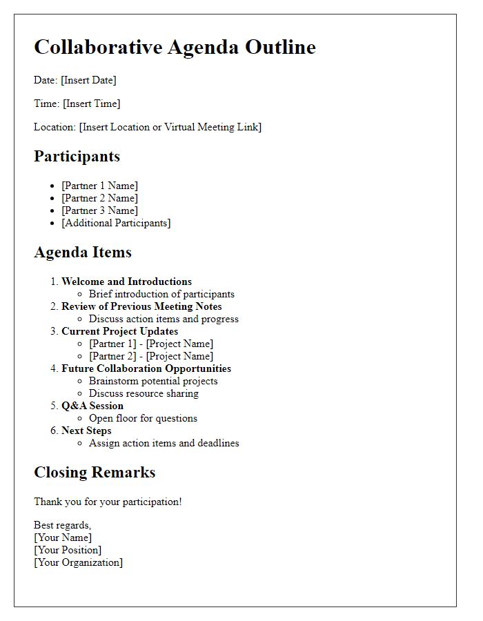 Letter template of collaborative agenda outline for partners' discussion