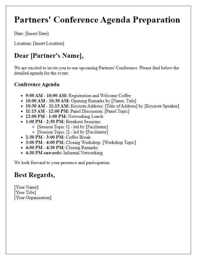 Letter template of detailed agenda preparation for partners' conference