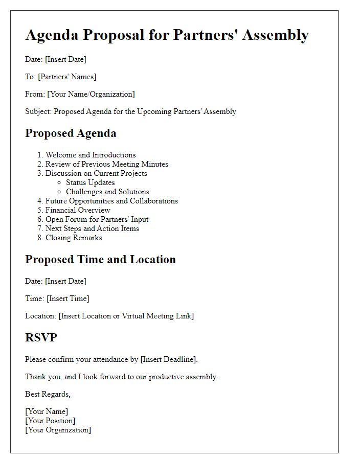 Letter template of structured agenda proposal for partners' assembly