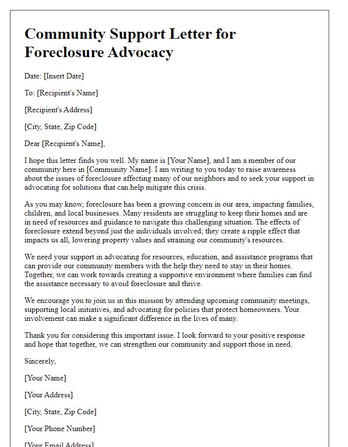 Letter template of foreclosure advocacy letter for community support