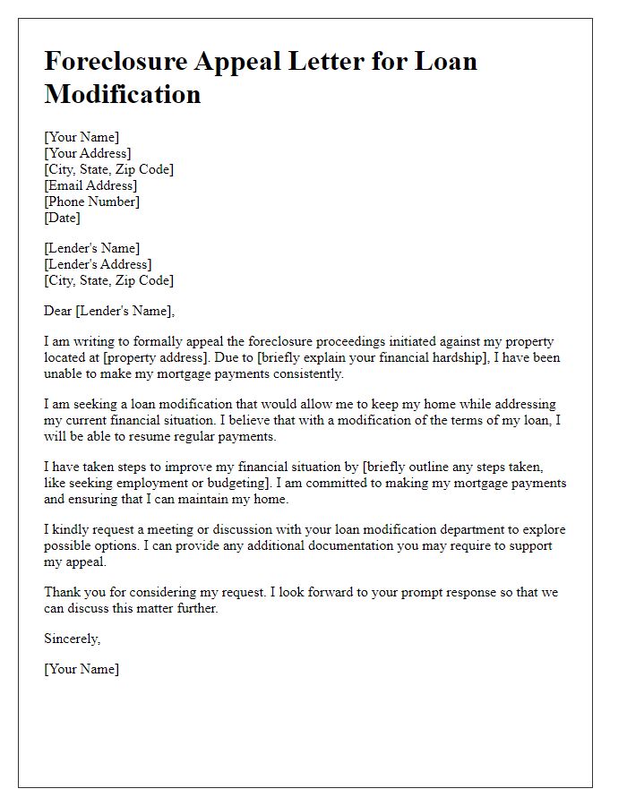 Letter template of foreclosure appeal for loan modification