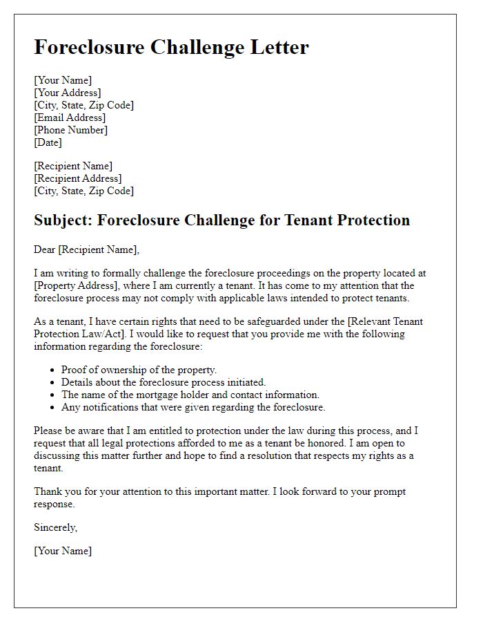 Letter template of foreclosure challenge for tenant protection