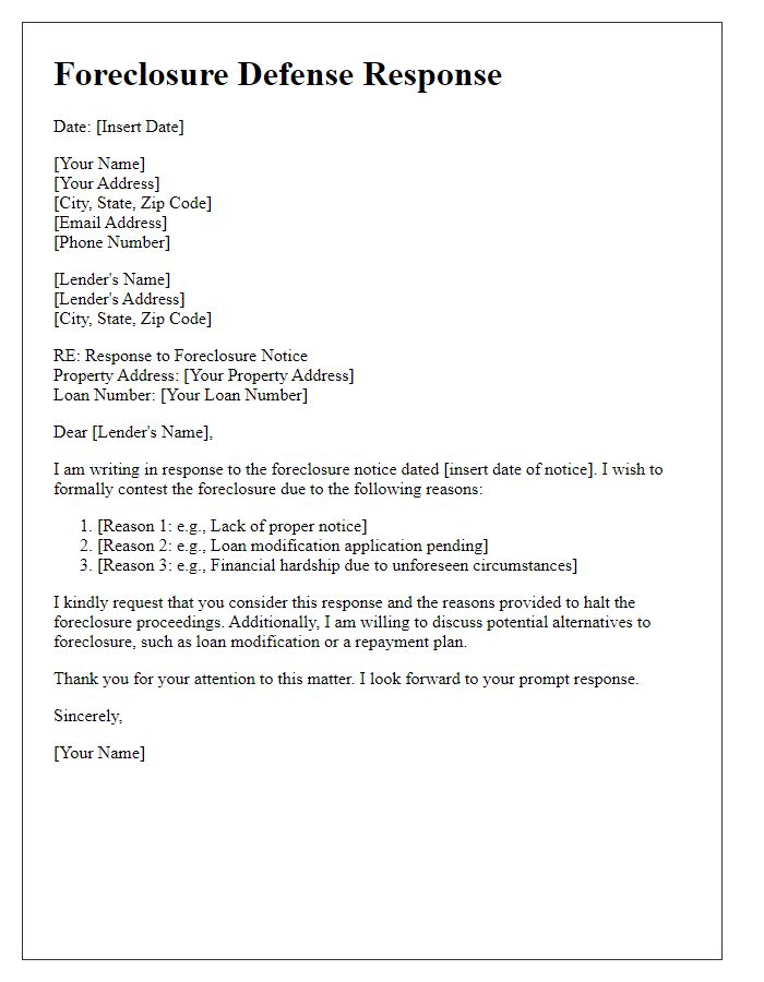 Letter template of foreclosure defense response for homeowners