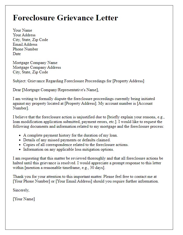 Letter template of foreclosure grievance for mortgage disputes