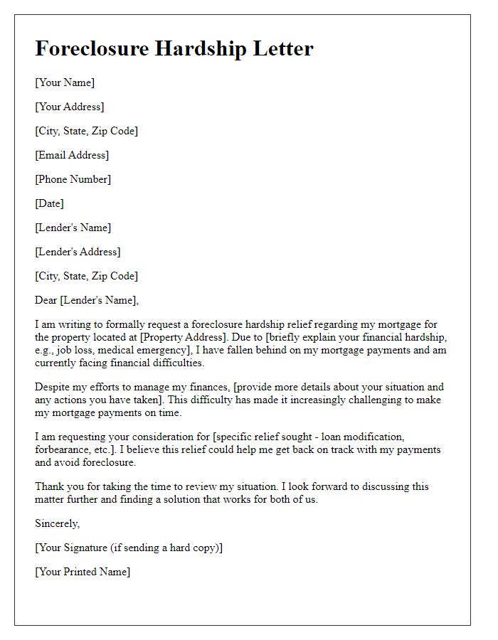 Letter template of foreclosure hardship letter for financial relief