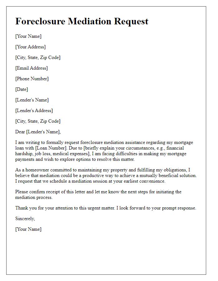 Letter template of foreclosure mediation request for homeowner assistance