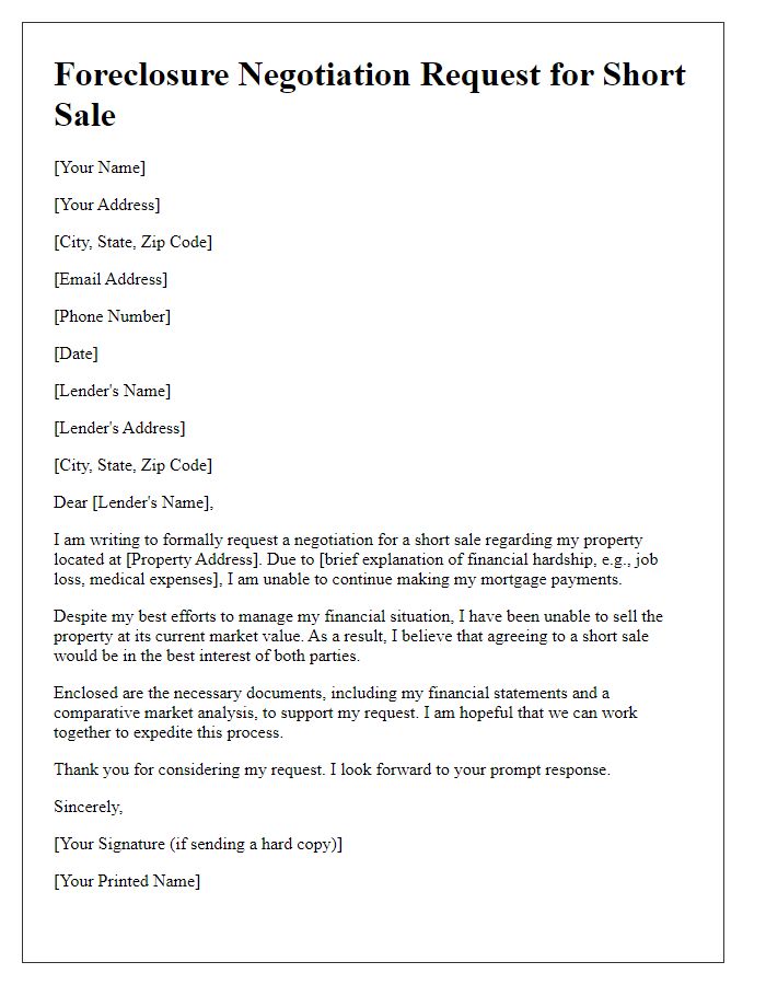 Letter template of foreclosure negotiation request for short sale