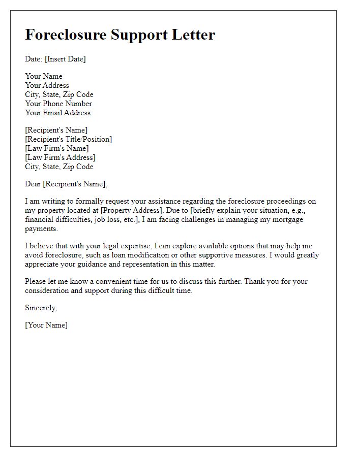 Letter template of foreclosure support letter for legal counsel