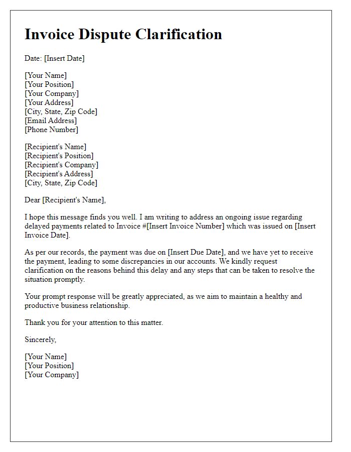 Letter template of invoice dispute clarification addressing delayed payments