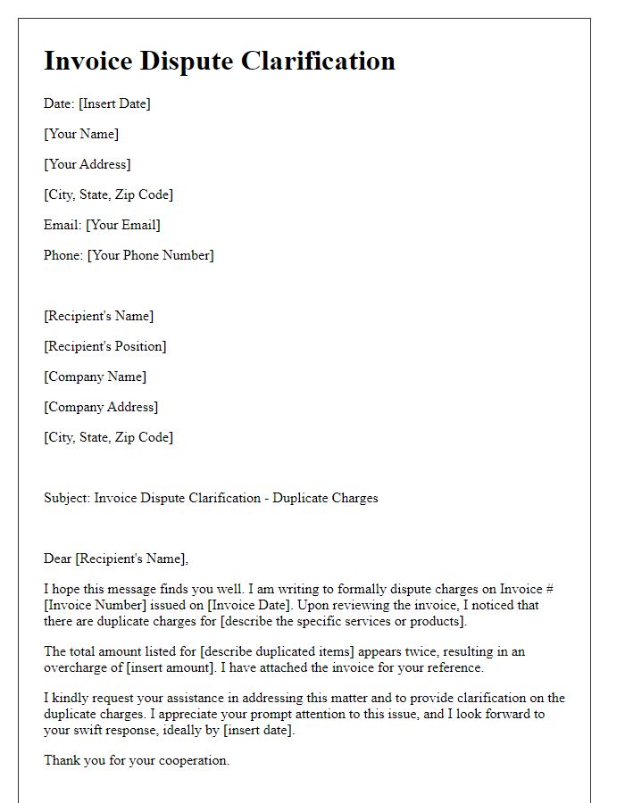 Letter template of invoice dispute clarification for duplicate charges