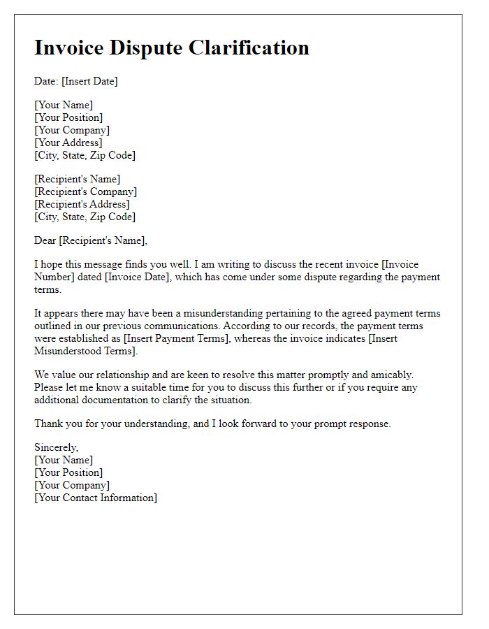 Letter template of invoice dispute clarification on payment terms misunderstanding