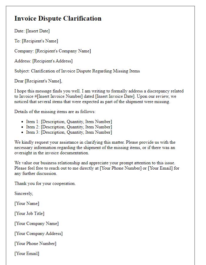 Letter template of invoice dispute clarification regarding missing items