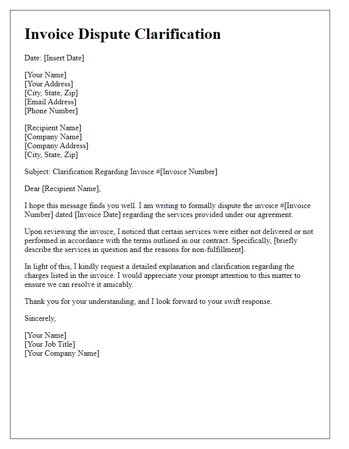 Letter template of invoice dispute clarification for service non-fulfillment