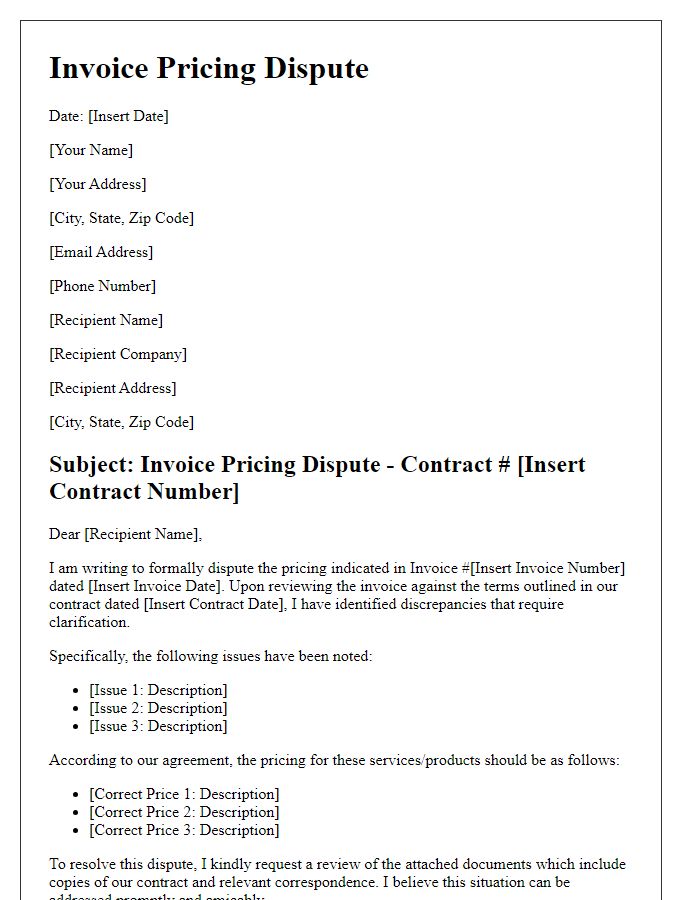 Letter template of invoice pricing dispute concerning contract terms.