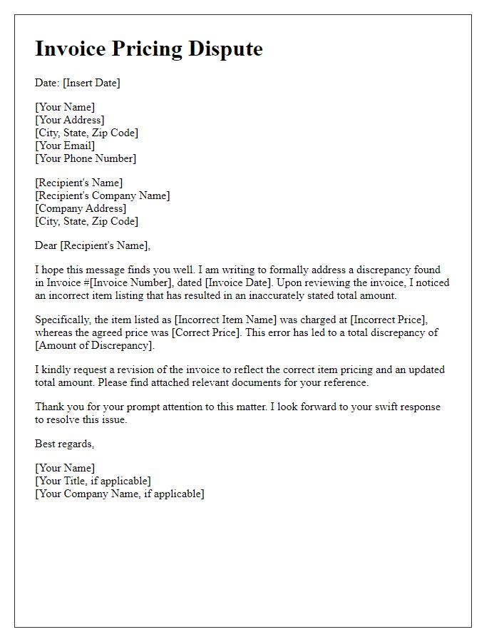 Letter template of invoice pricing dispute due to incorrect item listing.