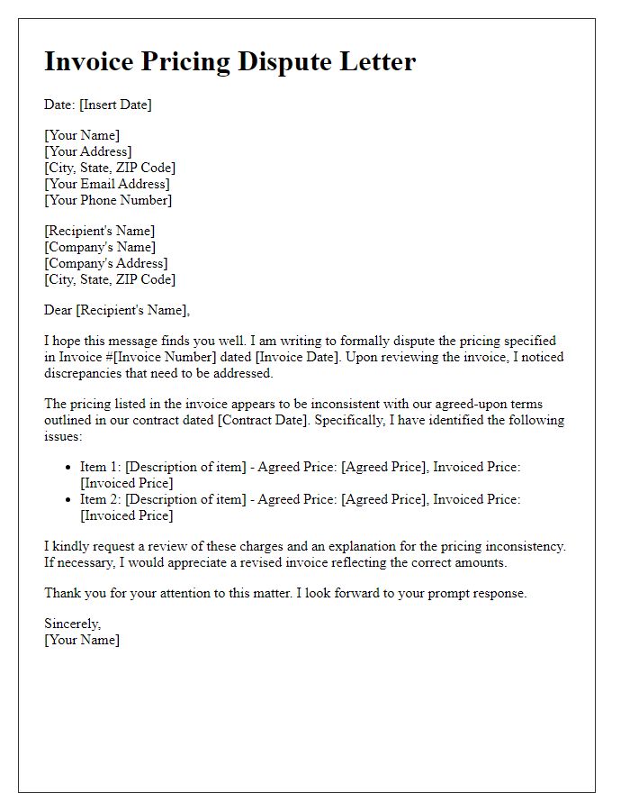 Letter template of invoice pricing dispute due to pricing inconsistency.